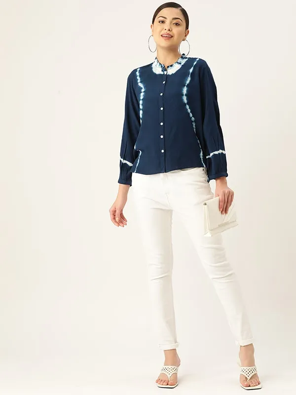 Rayon Blue Frill Neck Shirt