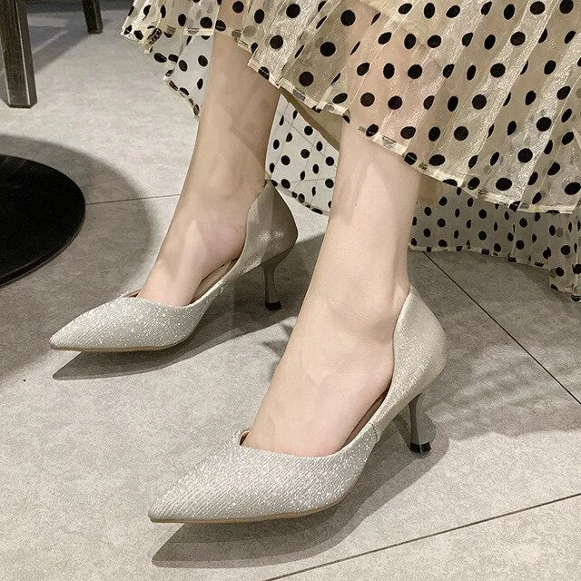 Spring Autumn Fashion Sweet Pointed Toe Wedding Party Stiletto Heel Shiny Heels Women Pumps Sexy High Heels Shoes 2020 U18-40