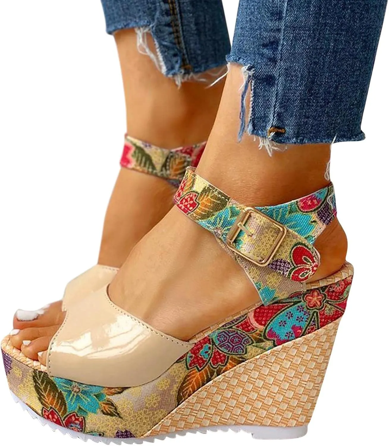 Wedge Sandal for Women Ankle Strap Flatform Arch Support Fish Mouth Toe Shoes Platform Espadrilles Wide Breathable Comfort