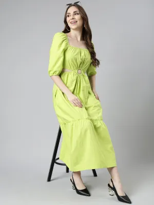 Women Green Cotton Square Neck Puff Sleeve Fit & Flare Dress