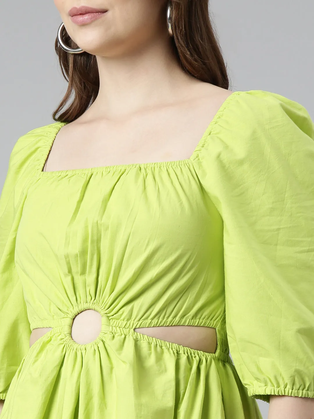 Women Green Cotton Square Neck Puff Sleeve Fit & Flare Dress