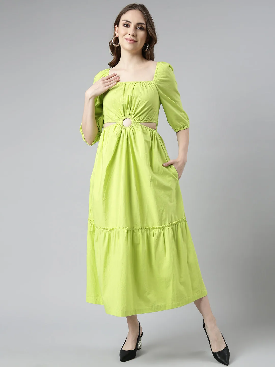 Women Green Cotton Square Neck Puff Sleeve Fit & Flare Dress