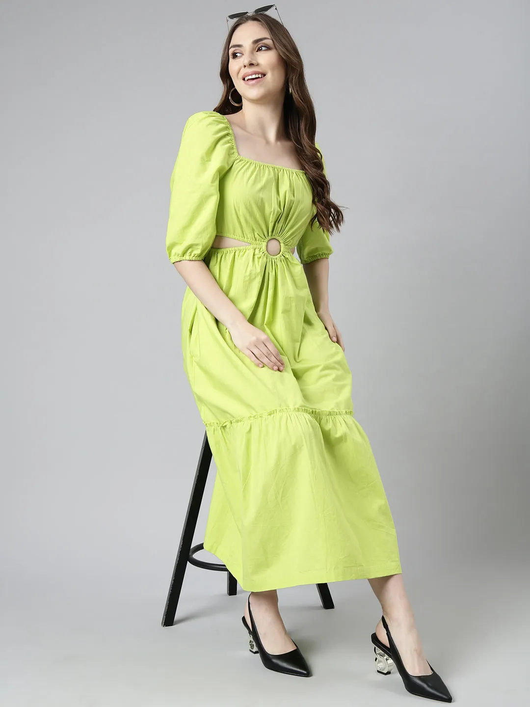 Women Green Cotton Square Neck Puff Sleeve Fit & Flare Dress