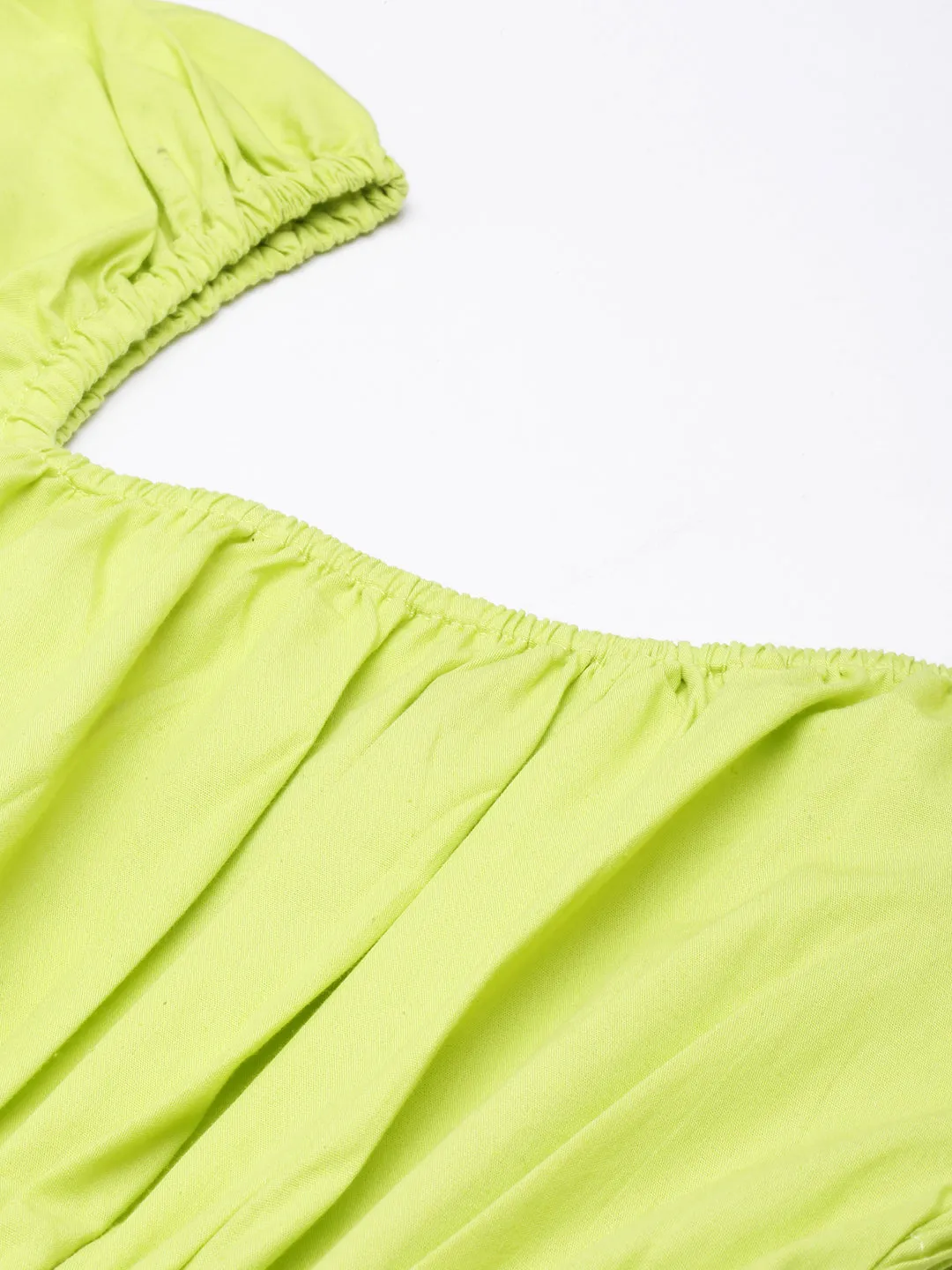 Women Green Cotton Square Neck Puff Sleeve Fit & Flare Dress