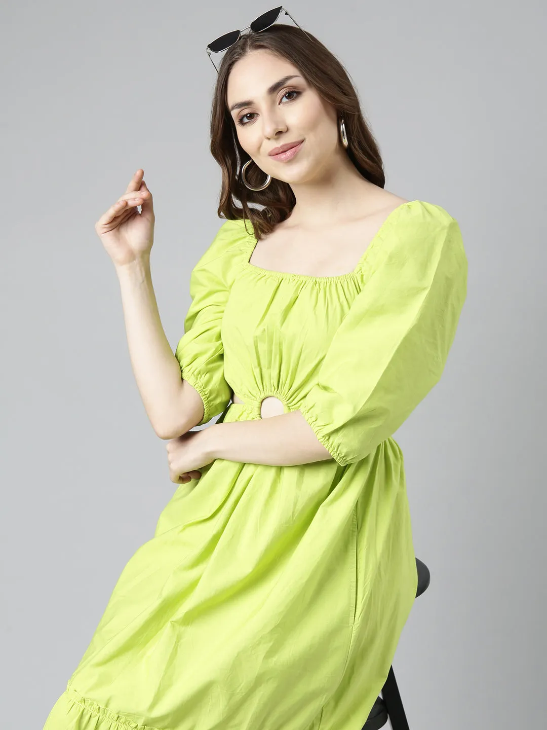 Women Green Cotton Square Neck Puff Sleeve Fit & Flare Dress