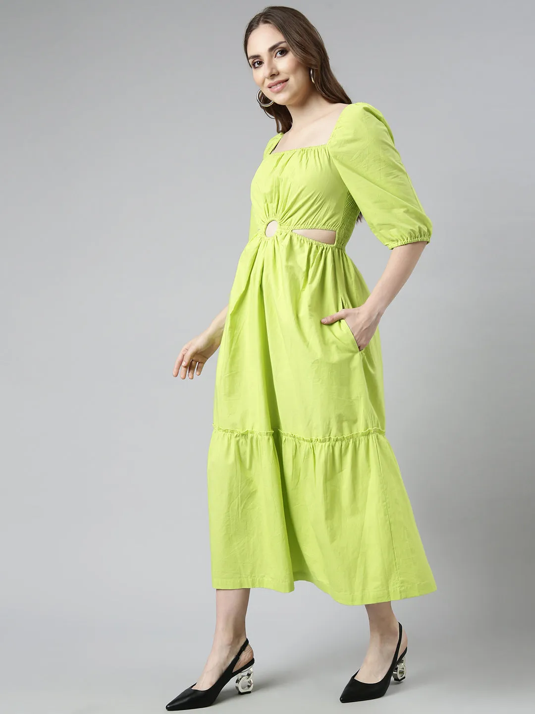 Women Green Cotton Square Neck Puff Sleeve Fit & Flare Dress