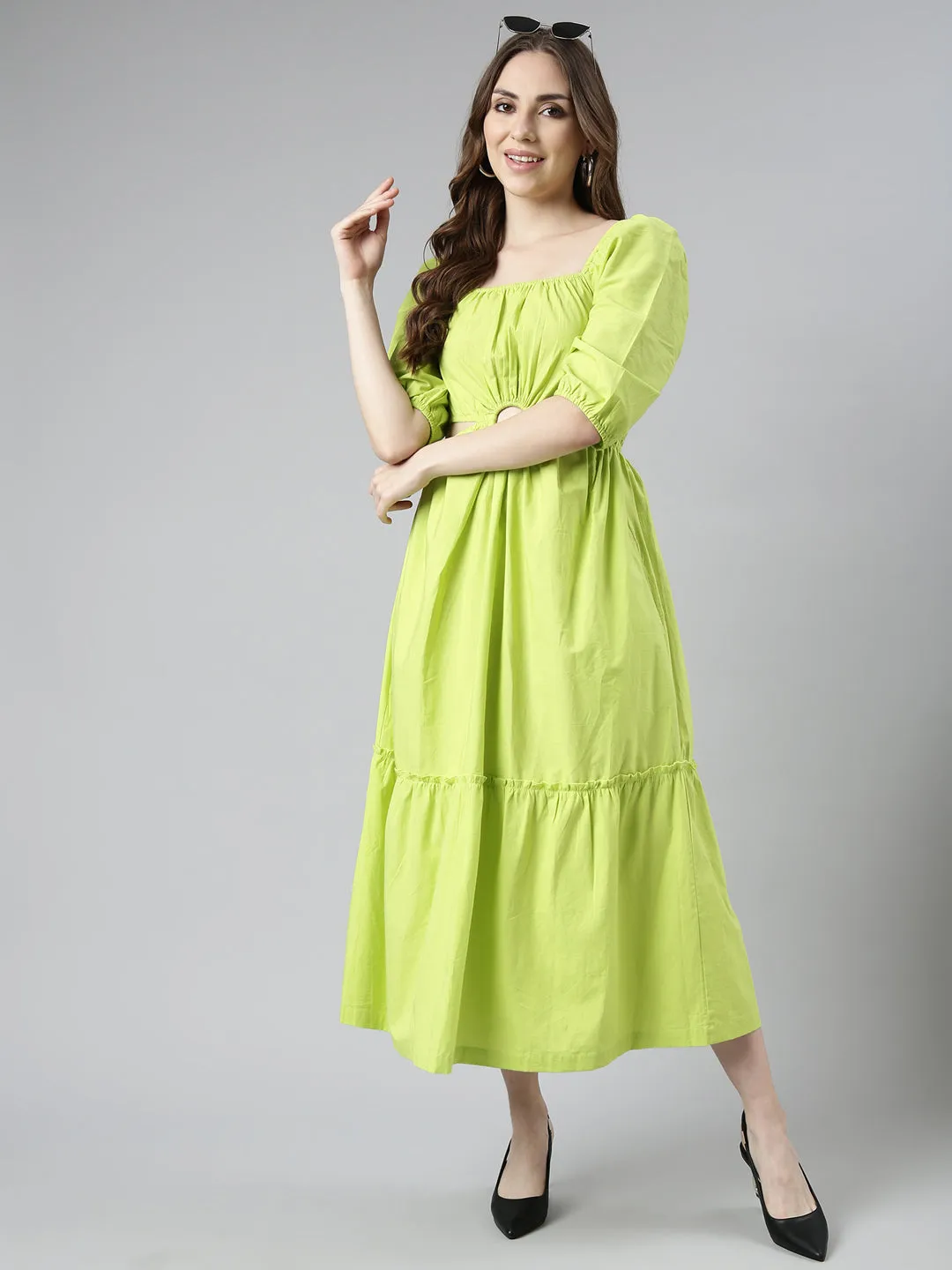 Women Green Cotton Square Neck Puff Sleeve Fit & Flare Dress
