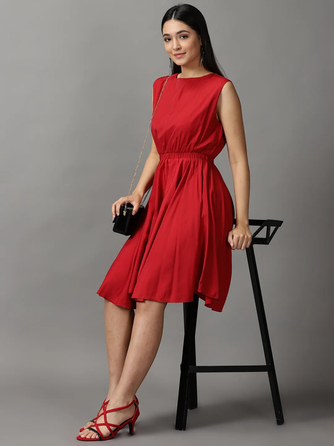 Women Maroon Boat Neck Knee Length Fit and Flare Dress