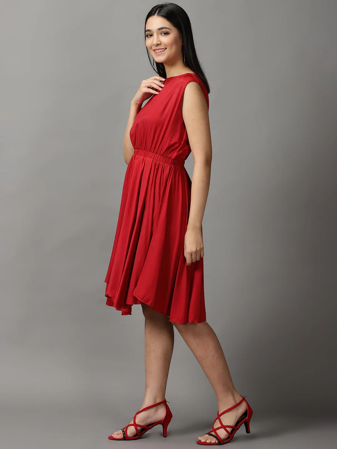 Women Maroon Boat Neck Knee Length Fit and Flare Dress
