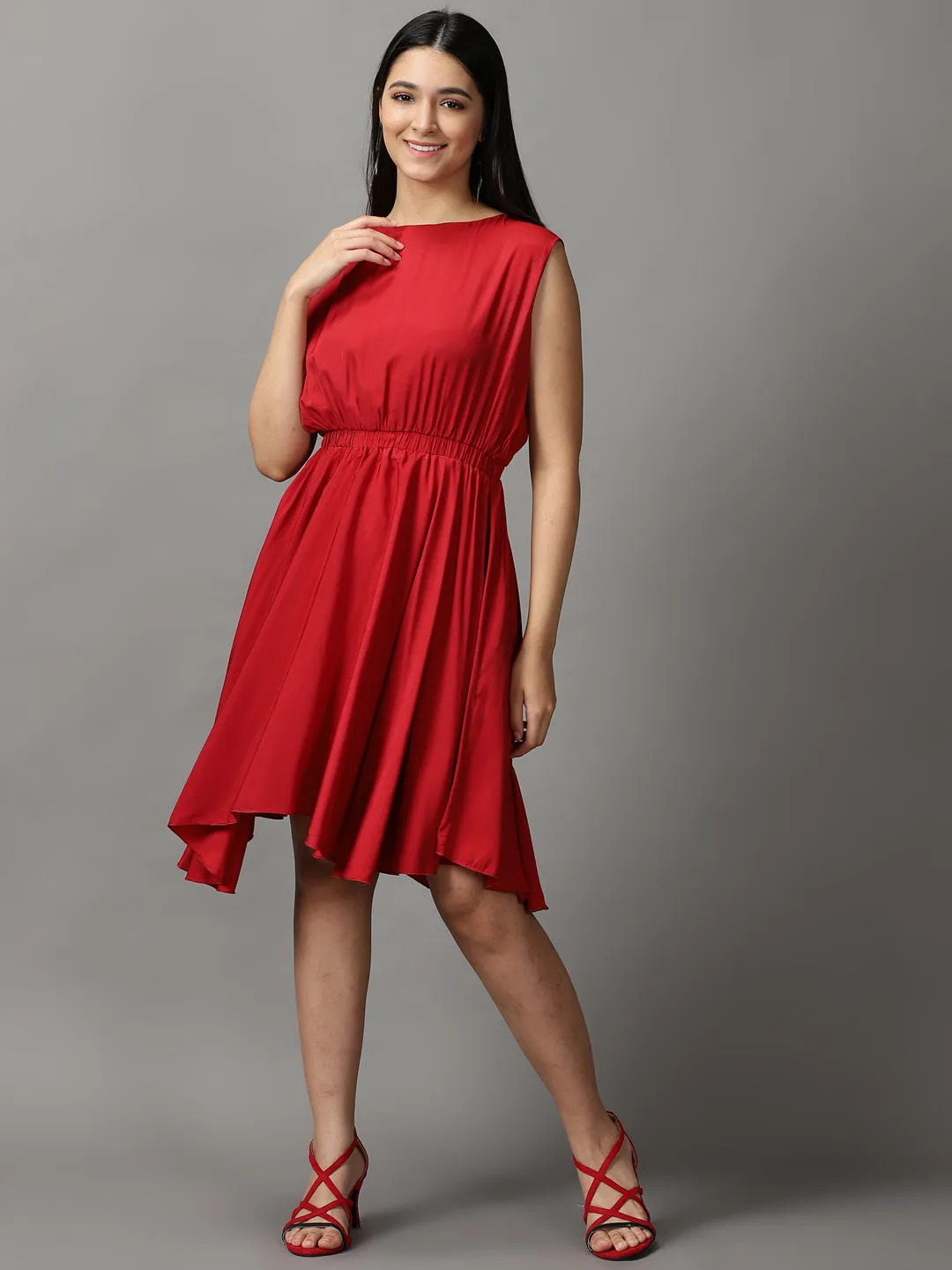 Women Maroon Boat Neck Knee Length Fit and Flare Dress