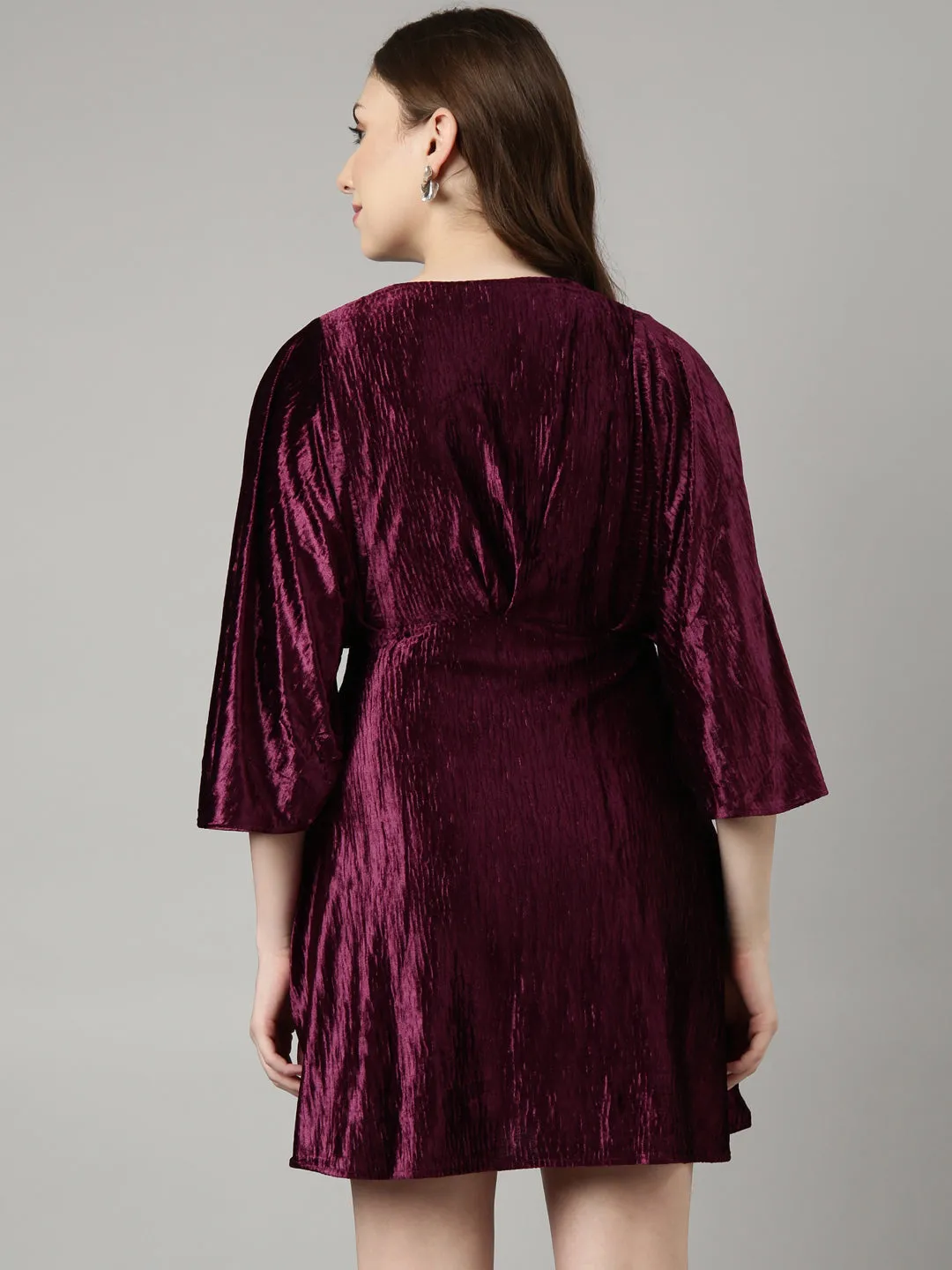 Women Purple V-Neck Kimono Sleeves Fit & Flare Dress