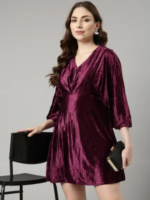 Women Purple V-Neck Kimono Sleeves Fit & Flare Dress