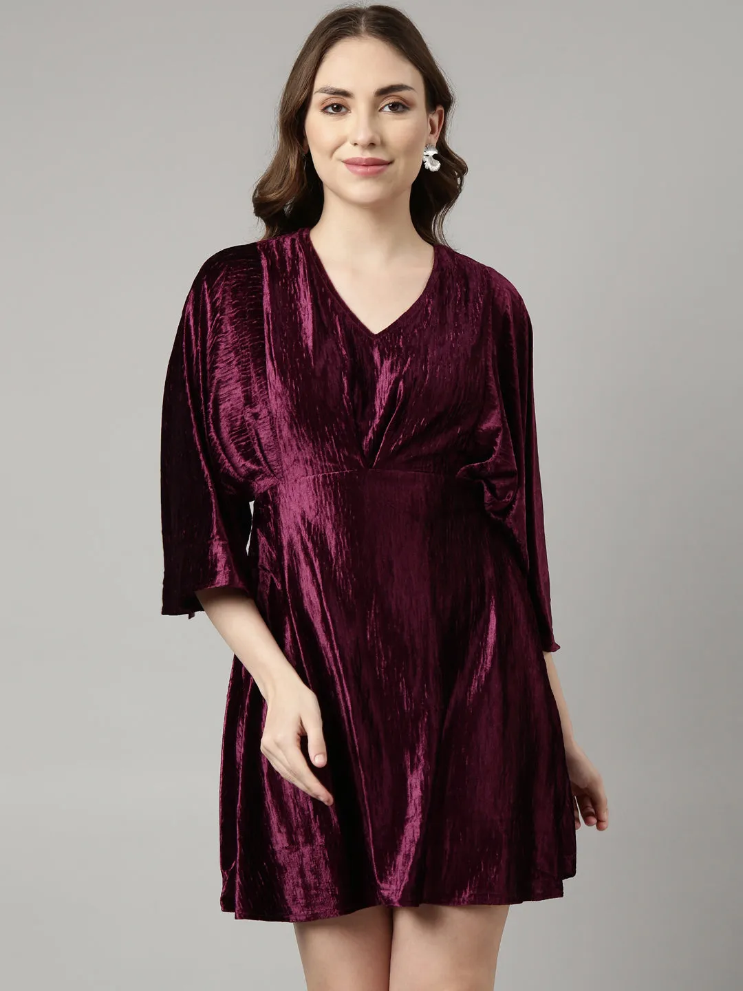 Women Purple V-Neck Kimono Sleeves Fit & Flare Dress