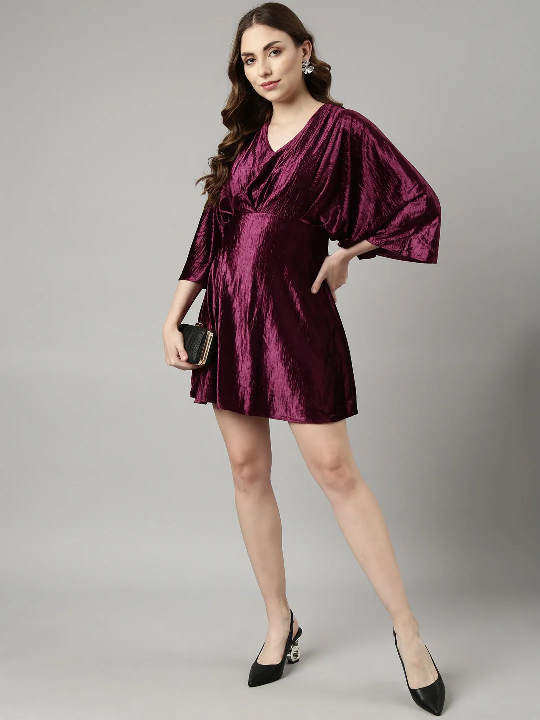 Women Purple V-Neck Kimono Sleeves Fit & Flare Dress