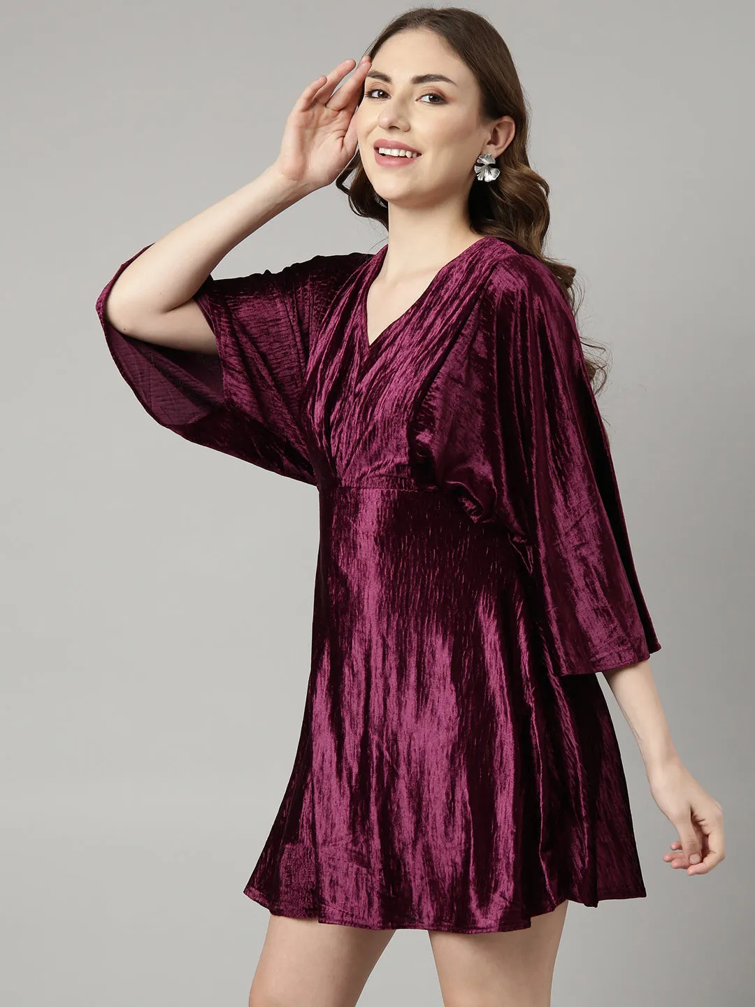 Women Purple V-Neck Kimono Sleeves Fit & Flare Dress