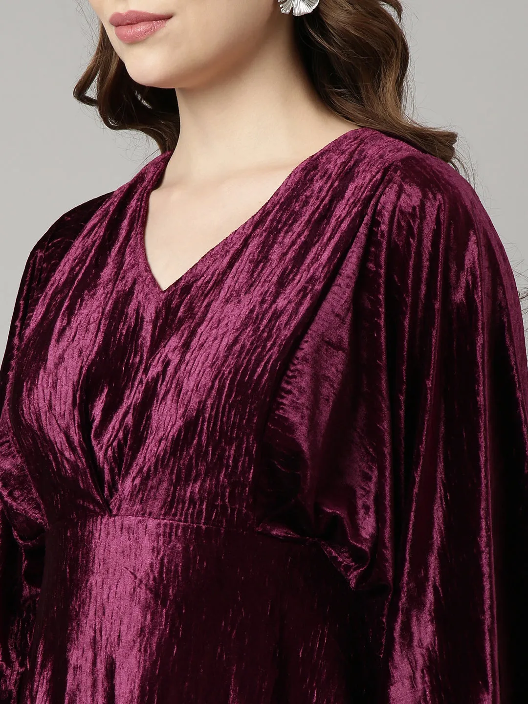 Women Purple V-Neck Kimono Sleeves Fit & Flare Dress