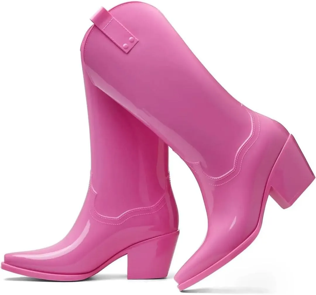 Women Rain Black Pink Cowboy Boots Rubber Boots For Chunky Mid Heel Rain Shoes