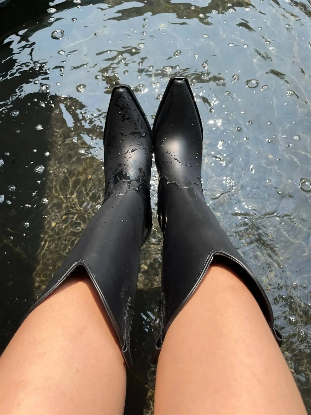 Women Rain Black Pink Cowboy Boots Rubber Boots For Chunky Mid Heel Rain Shoes