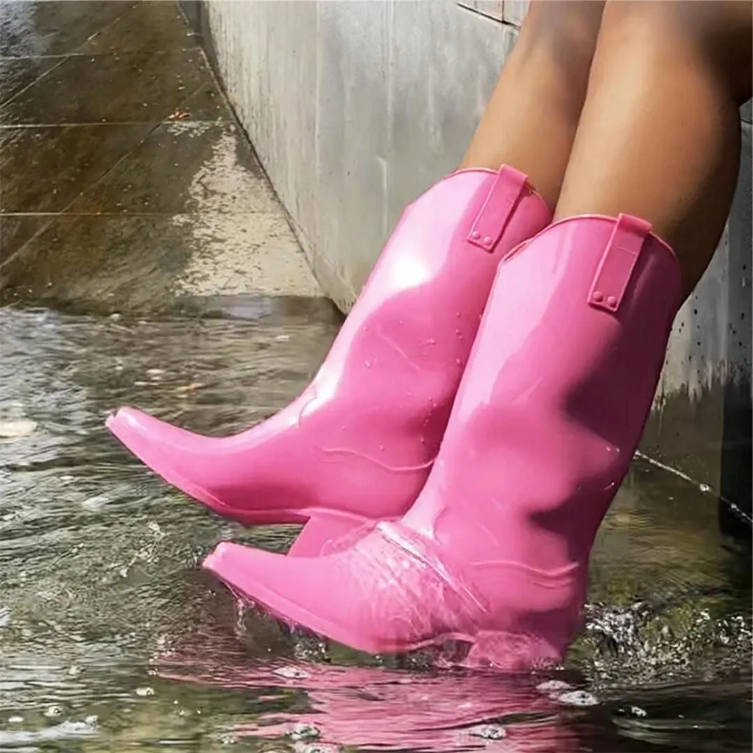 Women Rain Black Pink Cowboy Boots Rubber Boots For Chunky Mid Heel Rain Shoes
