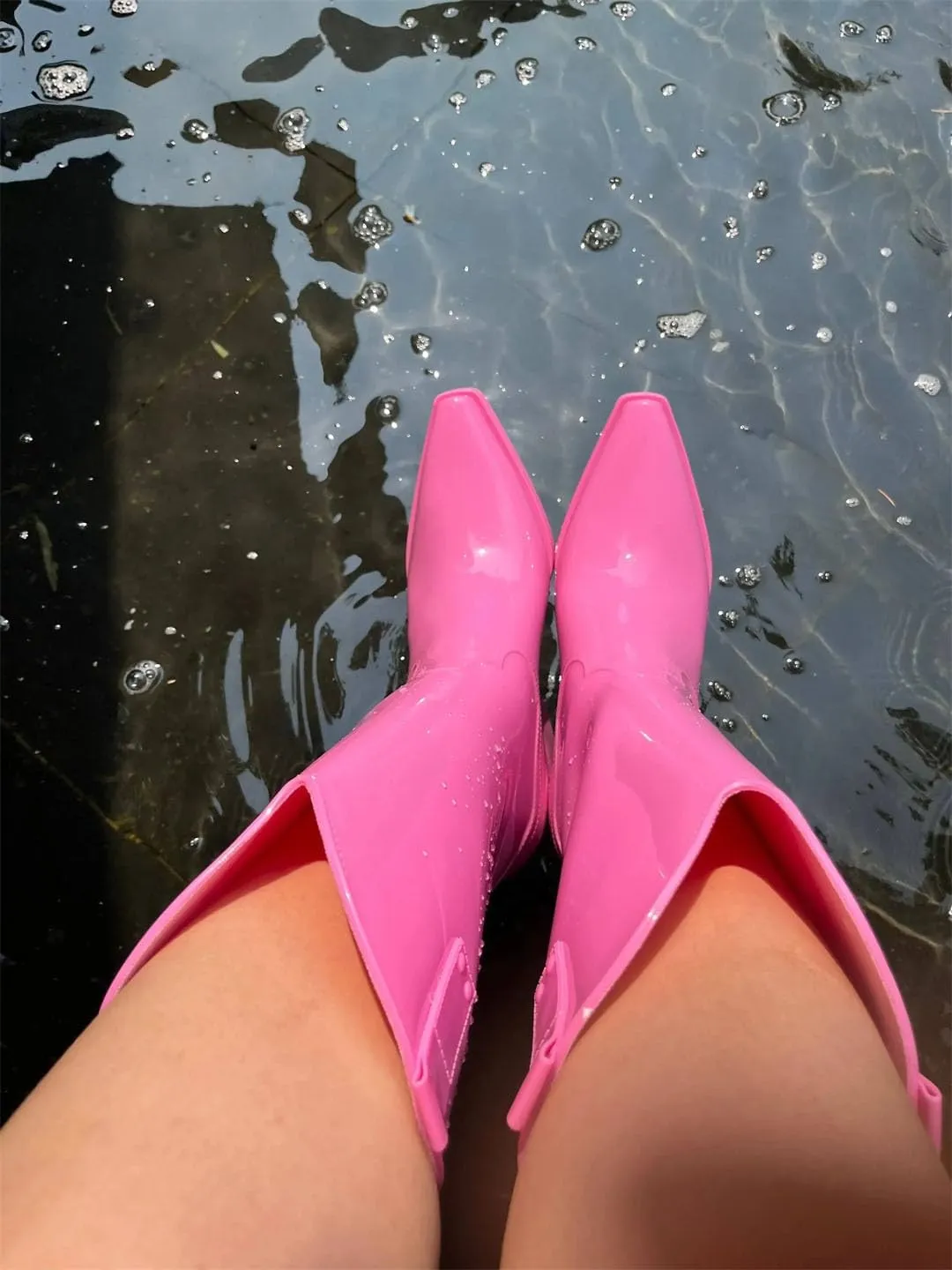 Women Rain Black Pink Cowboy Boots Rubber Boots For Chunky Mid Heel Rain Shoes
