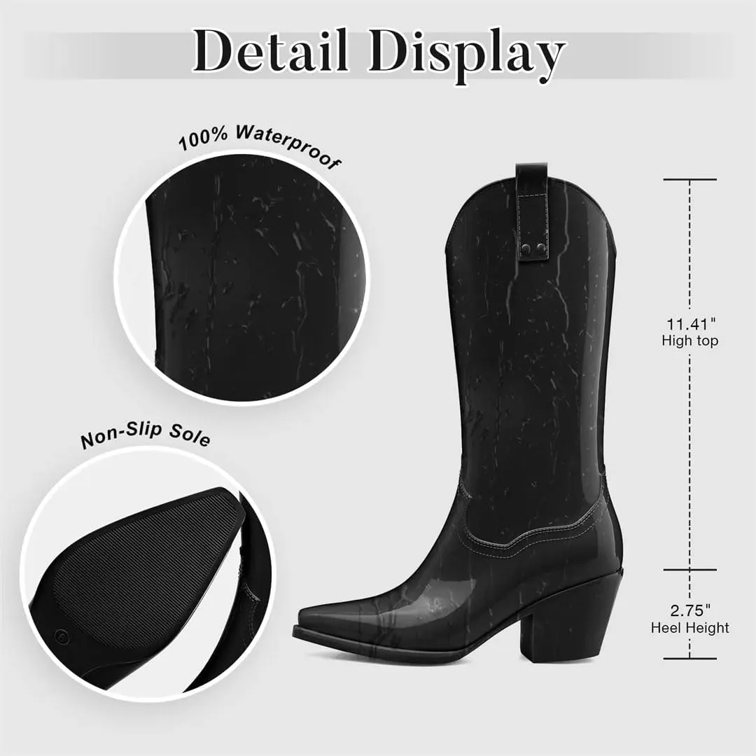 Women Rain Black Pink Cowboy Boots Rubber Boots For Chunky Mid Heel Rain Shoes