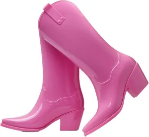 Women Rain Black Pink Cowboy Boots Rubber Boots For Chunky Mid Heel Rain Shoes