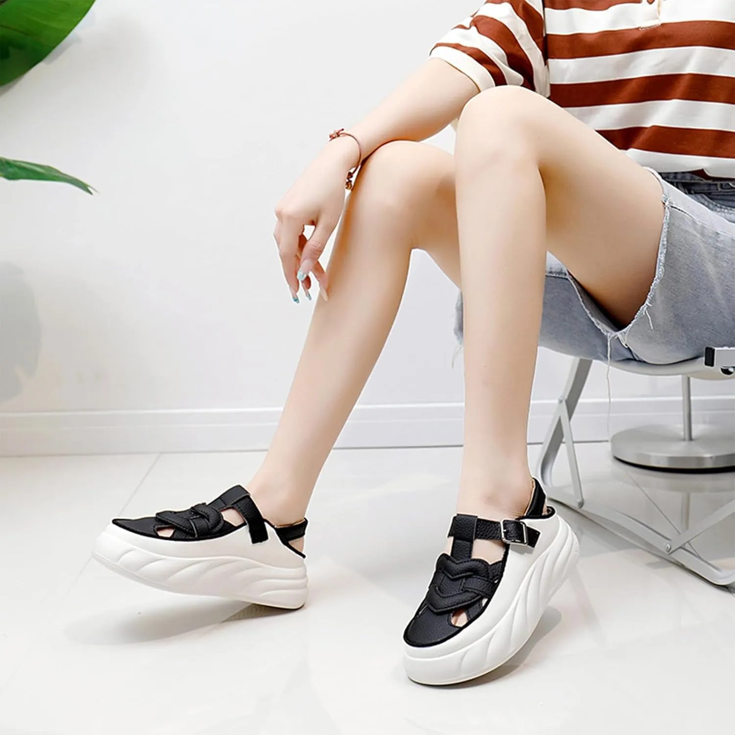 Womens Leather Adjustable Ankle Strap Platform Slingback Hiking Sandals Lightweight Chunky Increase Height Casual Cutout Sneakers with Arch Support for Walking Work Camping