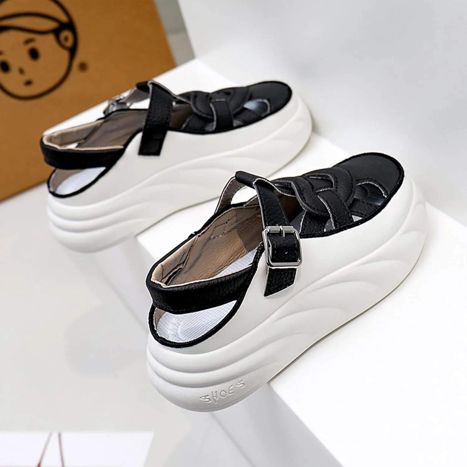 Womens Leather Adjustable Ankle Strap Platform Slingback Hiking Sandals Lightweight Chunky Increase Height Casual Cutout Sneakers with Arch Support for Walking Work Camping