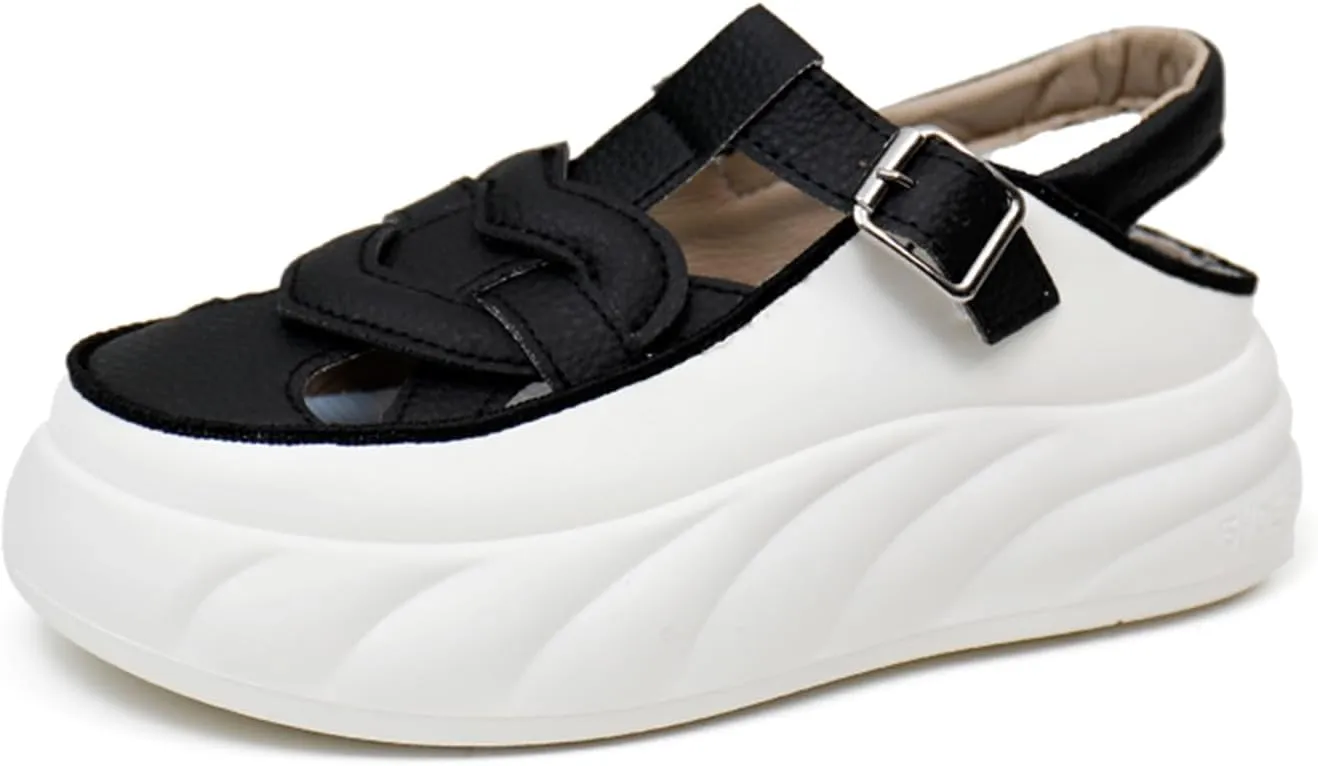 Womens Leather Adjustable Ankle Strap Platform Slingback Hiking Sandals Lightweight Chunky Increase Height Casual Cutout Sneakers with Arch Support for Walking Work Camping