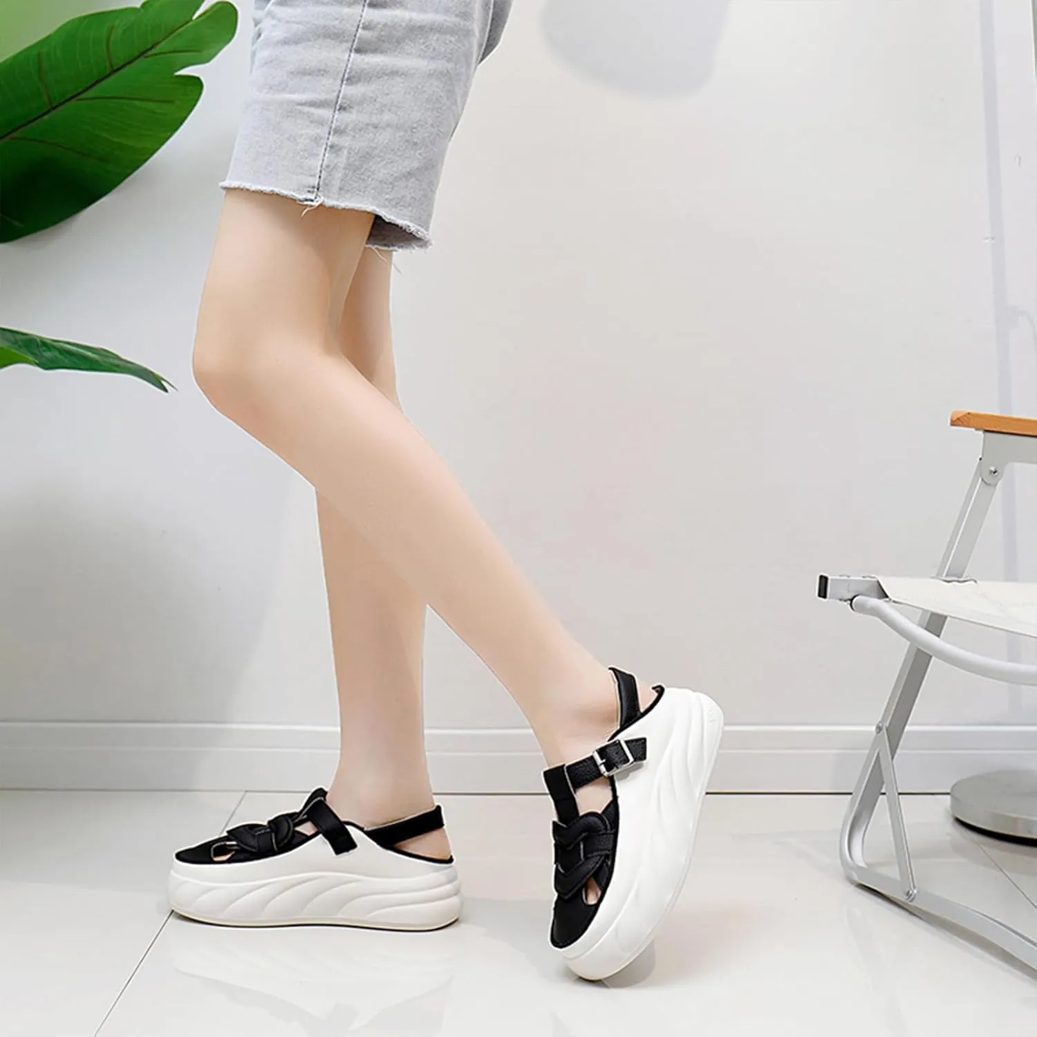 Womens Leather Adjustable Ankle Strap Platform Slingback Hiking Sandals Lightweight Chunky Increase Height Casual Cutout Sneakers with Arch Support for Walking Work Camping