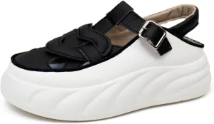 Womens Leather Adjustable Ankle Strap Platform Slingback Hiking Sandals Lightweight Chunky Increase Height Casual Cutout Sneakers with Arch Support for Walking Work Camping
