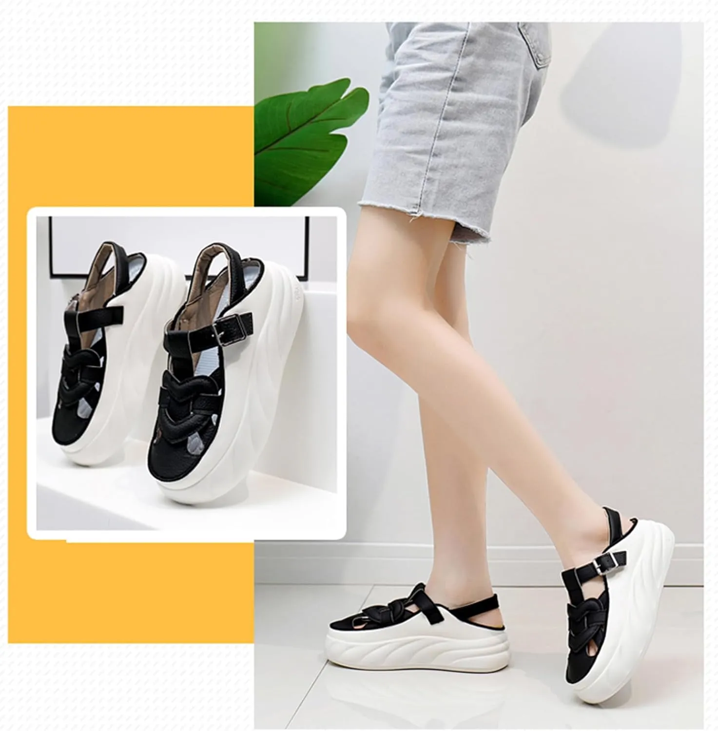Womens Leather Adjustable Ankle Strap Platform Slingback Hiking Sandals Lightweight Chunky Increase Height Casual Cutout Sneakers with Arch Support for Walking Work Camping