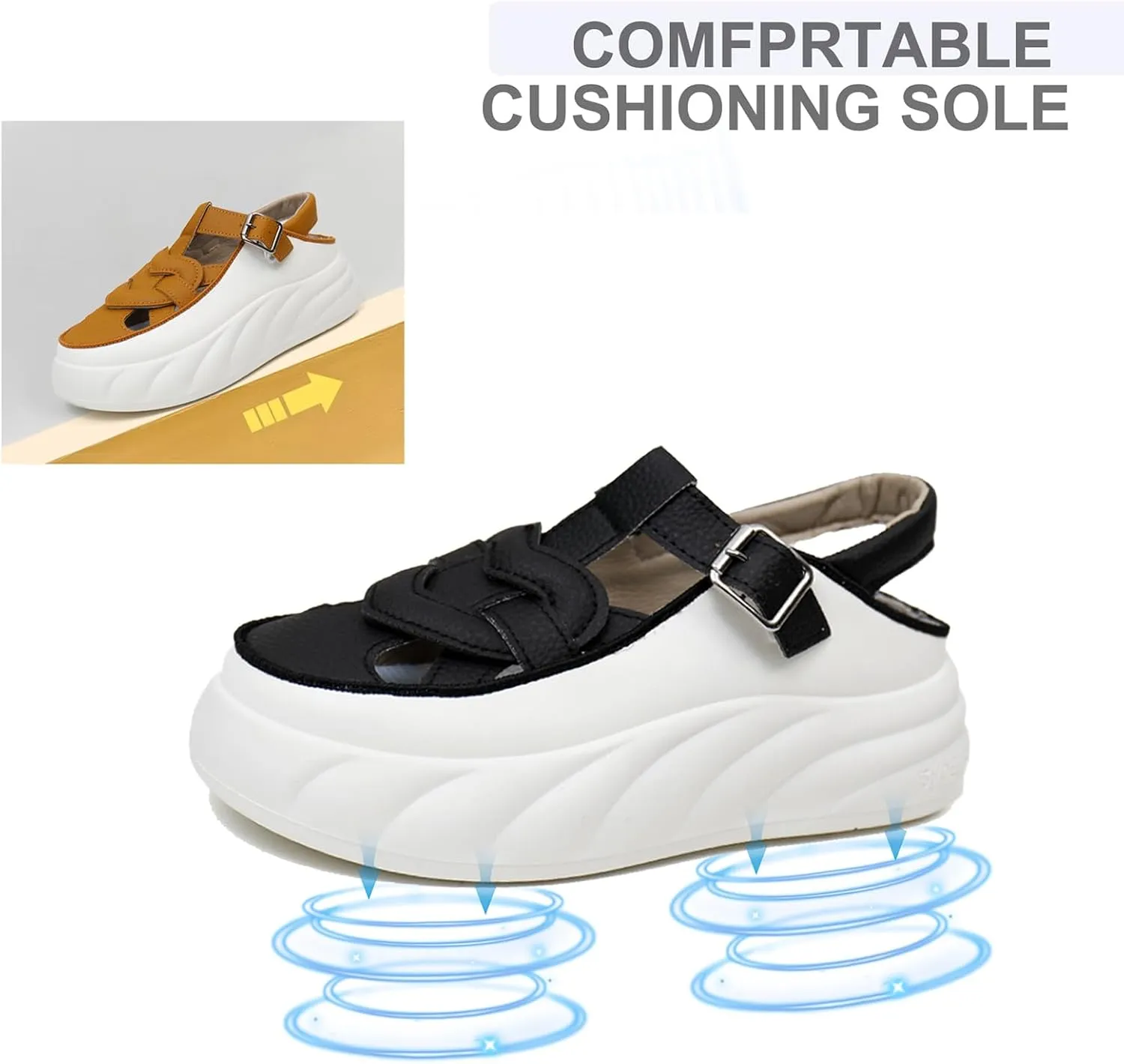 Womens Leather Adjustable Ankle Strap Platform Slingback Hiking Sandals Lightweight Chunky Increase Height Casual Cutout Sneakers with Arch Support for Walking Work Camping
