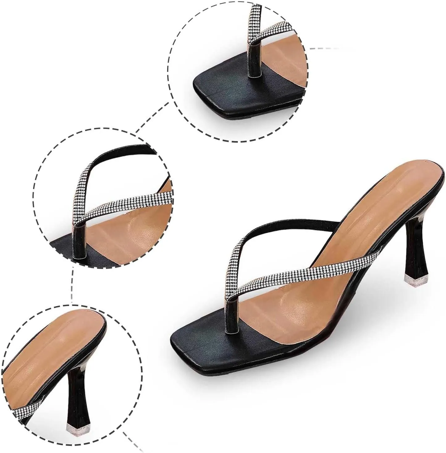 Women's Summer Fashion Rhinestone High Heeled Flip Flops Temperament Non Fuzzy Bedroom Slippers Women with Back Strap