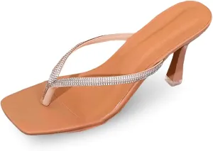 Women's Summer Fashion Rhinestone High Heeled Flip Flops Temperament Non Fuzzy Bedroom Slippers Women with Back Strap