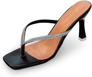 Women's Summer Fashion Rhinestone High Heeled Flip Flops Temperament Non Fuzzy Bedroom Slippers Women with Back Strap