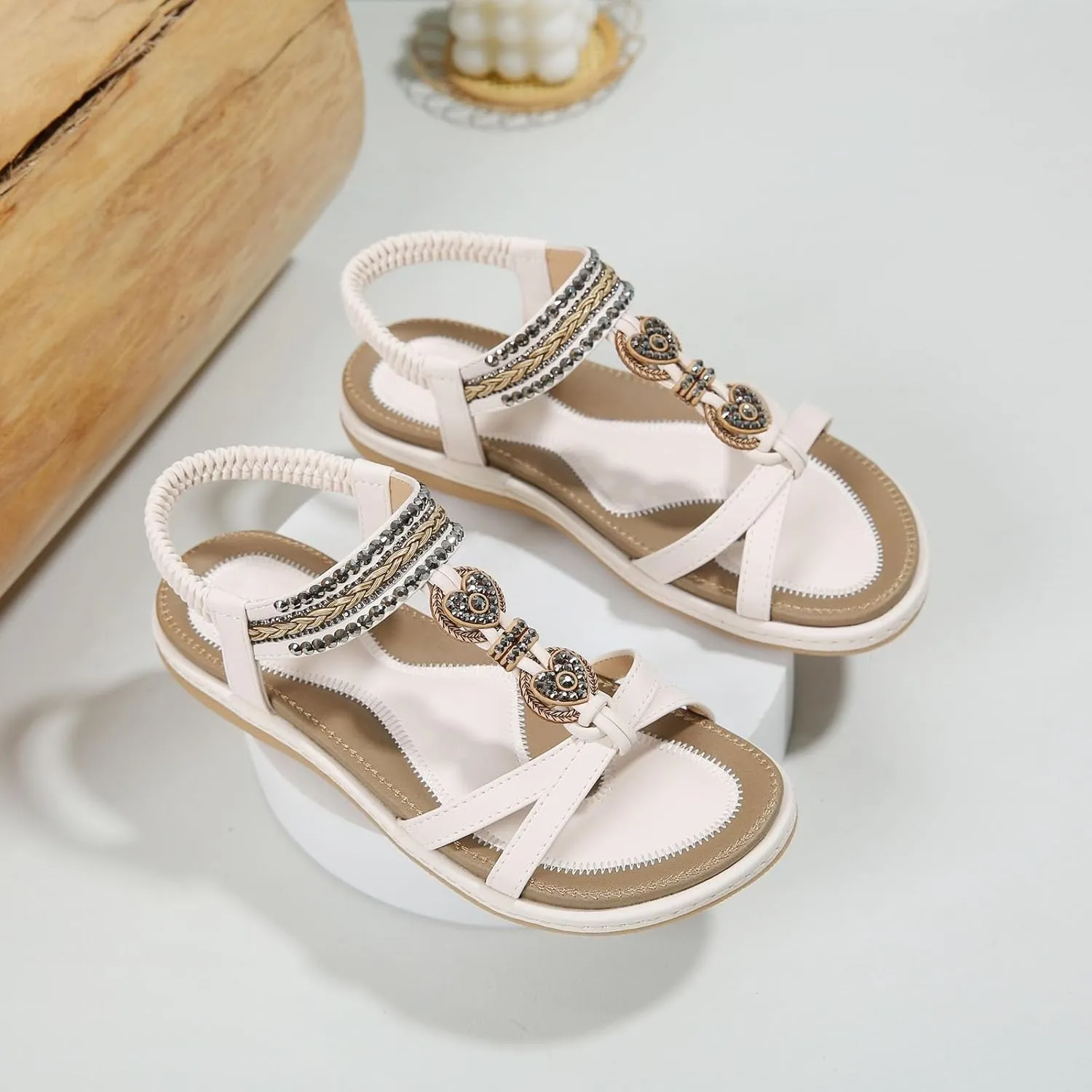 Women's Summer Sandals Comfortable Slip On Flat Beach Shoes with Elastic Ankle Strap for Casual Outings and