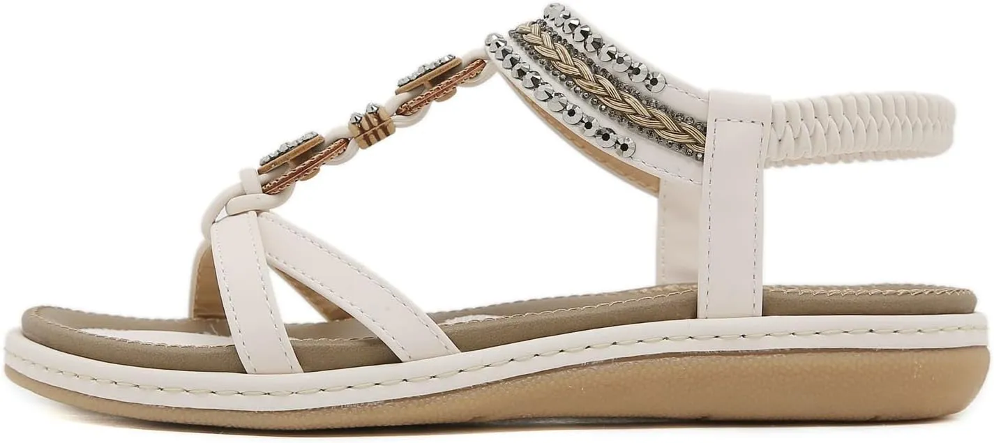 Women's Summer Sandals Comfortable Slip On Flat Beach Shoes with Elastic Ankle Strap for Casual Outings and