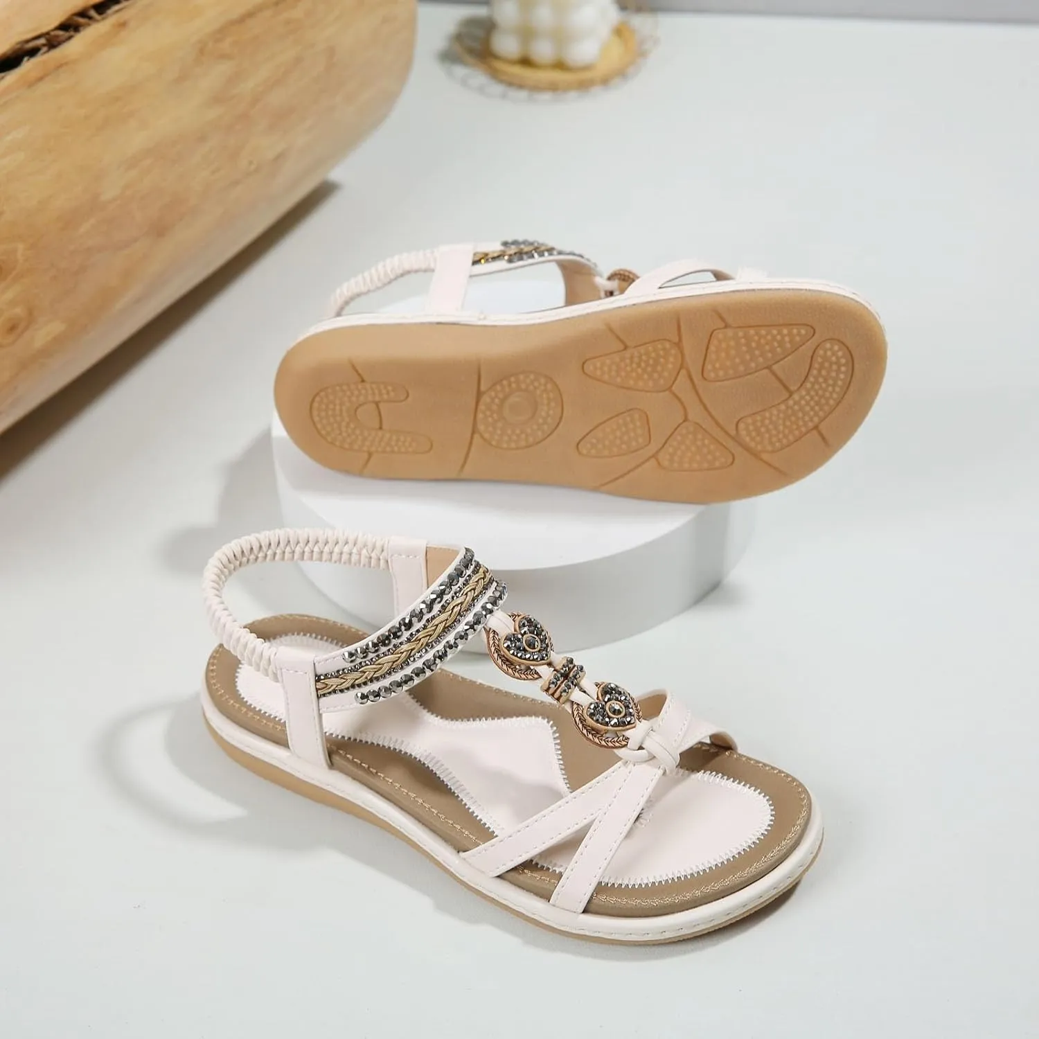 Women's Summer Sandals Comfortable Slip On Flat Beach Shoes with Elastic Ankle Strap for Casual Outings and
