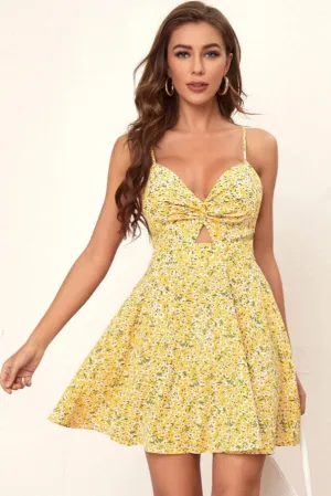 Yellow Floral Knot Front Romper Dress