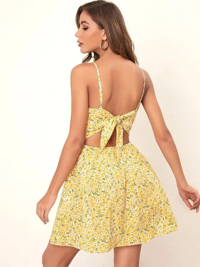 Yellow Floral Knot Front Romper Dress