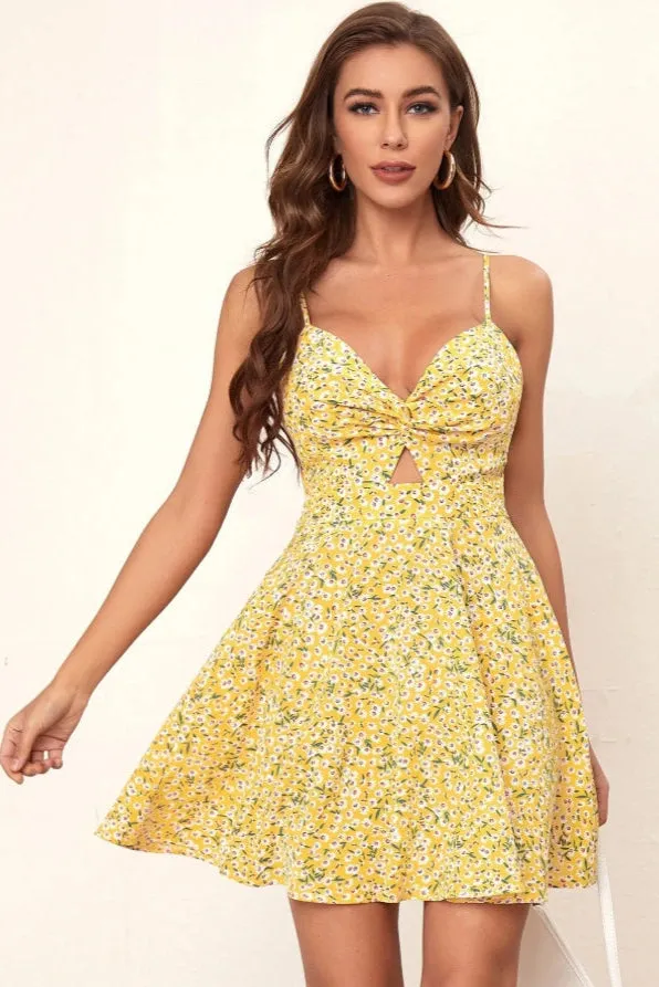 Yellow Floral Knot Front Romper Dress